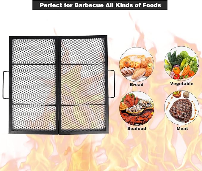 Lineslife Square Fire Pit Cooking Grill Grates, Folding Outdoor Campfire BBQ Grill Rack with Handles, Portable Outside Camping Gear Cookware and Accessory, 30 Inch