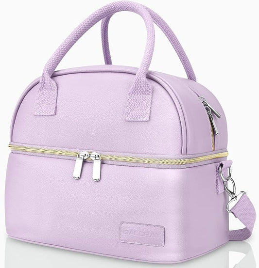 BALORAY Lunch Bag for Women Men, Double Deck Lunch Box for Adults, PU Leather Lunch Tote Bag Insulated Lunch Bags with Strap for Work Office Picnic (Purple)