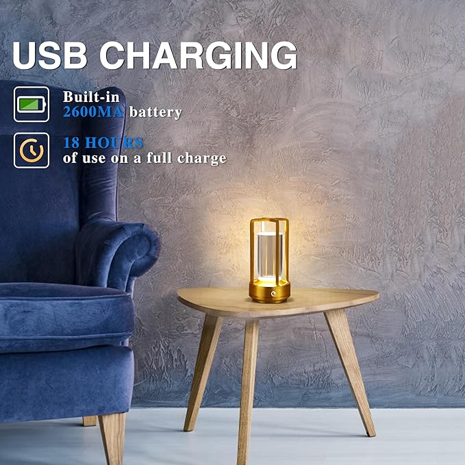 Portable Metal Table Lamp,Cordless Table Lamp,Battery Operated, 3 Light Colors, for Restaurant/Bedroom/Bars/Outdoor Party/Camping/Coffee Shop Atmosphere Night Light (Gold)