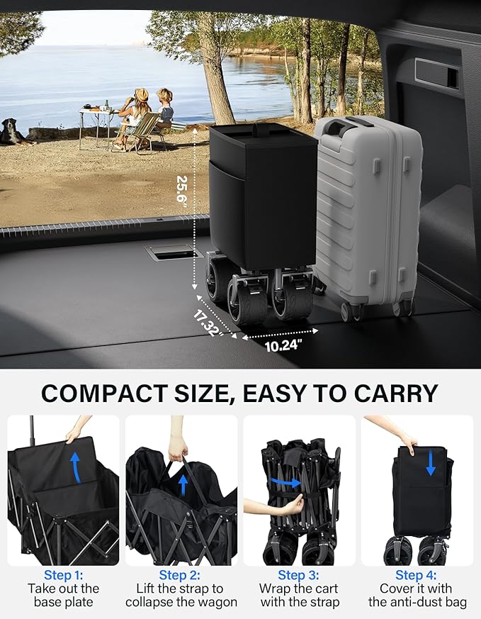 Collapsible Wagon, 440 lbs Foldable Wagons Carts with Big Wheels, Heavy Duty Folding Wagon for Beach/Garden/Camping/Grocery-Dark Black