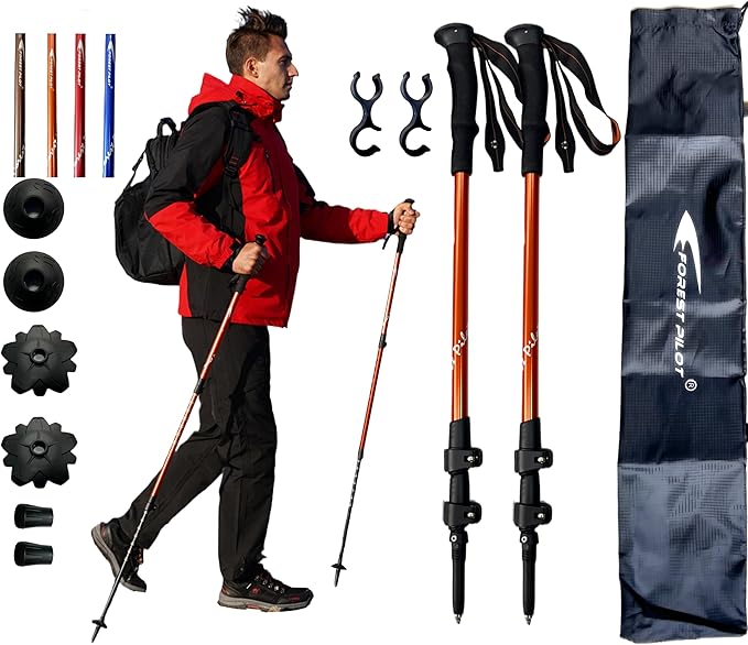Trekking Poles - Lightweight 7075 Aluminum with Flip Lock & All Terrain Accessories - Pair of 2 Walking Sticks for Hiking with EVA or Beech Wood Grip