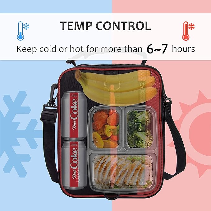 Expandable Insulated Lunch Bag, Leakproof Flat Lunch Cooler Tote with Shoulder Strap for Men and Women, Suitable for Work & Office, Red