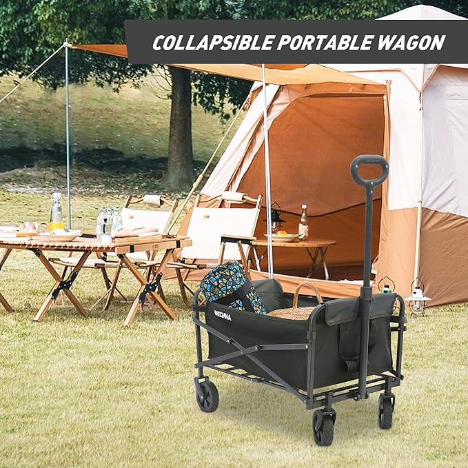 Collapsible Folding Wagon Cart with 5" All Terrain Wheels Heavy Duty Folding Portable Wagon 110L Capacity for Camping, Sports, Shopping Black