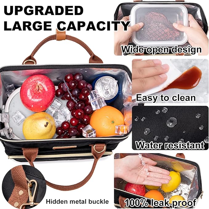 AIJIEKE Lunch Bag for Women, Large Lunch Box for Work Insulated Lunch Bag, Adult Leakproof Lunch Tote Cooler Bag with Side Pockets & Adjustable Strap, Lunch Purse for Picnic Beach, Black