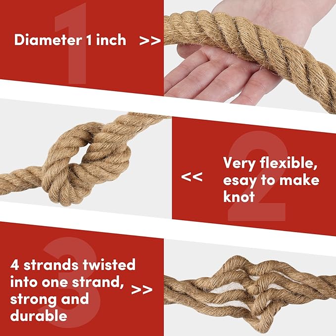 Twisted Manila Rope 1inch x 100 feet Natural Hemp Rope for Docks Railing Nautical Landscaping Crafts Tug of War Marine Tie-Downs Hammock Home Decorating