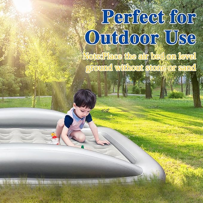 Inflatable Kids Travel Bed Toddler Air Mattress Set,Portable Blow Up Mattress Sleeping Bed Cot with Bed Rails and Electric Pump Ideal for Road Trip