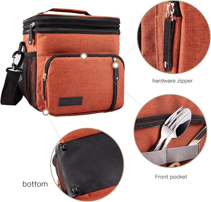 Men's Double/Women's Compartment Lunch bag, Insulated Lunch Cooler Tote 2 Roomy Large Reusable Water-resistant Lunch box (Orange)