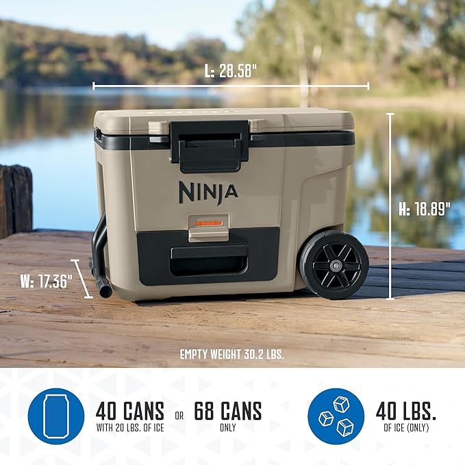 Ninja | Cooler | FrostVault 65QT Cooler with Wheels | Insulated with Temp Dry Storage Drawer | Keeps Ice Cold for Days | for The Beach, Camping, Picnics & More | Birch Beige | FB265CS