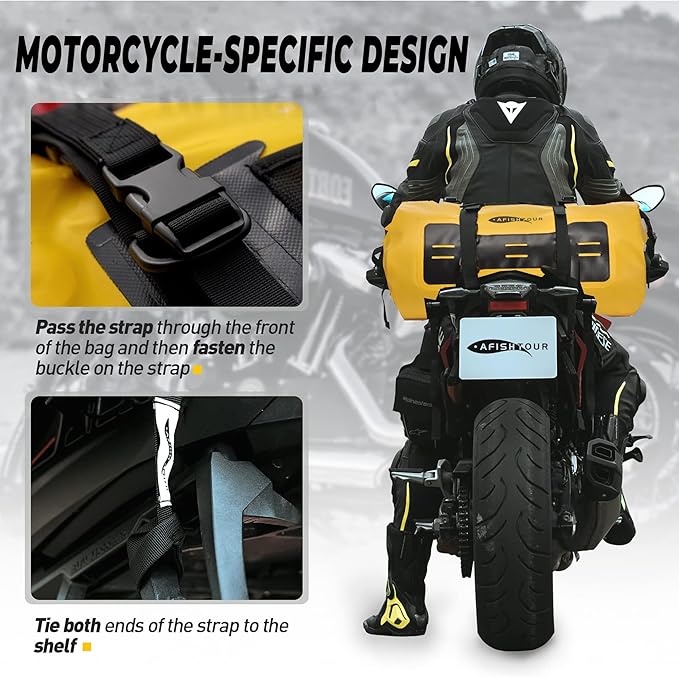 40L Waterproof Motorcycle Duffel Bag - Motorcycle Luggage Tail Bag with Straps for Back Seat - Roll Top Dry Bag for Kayaking, Rafting, Boating, Camping, Travel, Beach (Yellow)