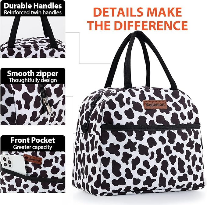 Insulated Lunch Bag for Women Men, Lunch Containers Reusable High Capacity Lunch Tote Bags for for Work Picnic (Cow Print)