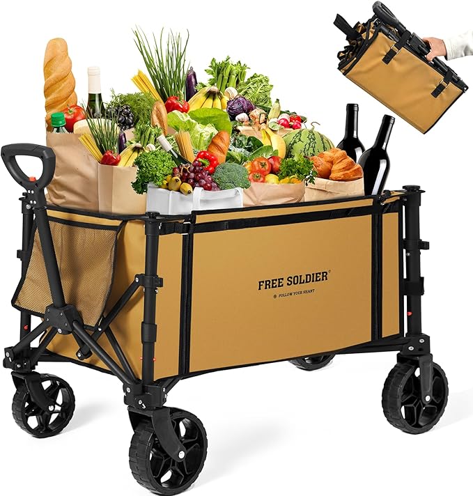 FREE SOLDIER Collapsible Foldable Wagon, Light Duty, Folding Wagon Portable with Removable Wheels and Adjustable Handle for Beach, Camping, Garden, and Shopping