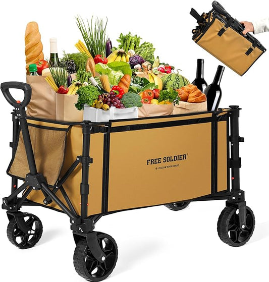 FREE SOLDIER Collapsible Foldable Wagon, Light Duty, Folding Wagon Portable with Removable Wheels and Adjustable Handle for Beach, Camping, Garden, and Shopping