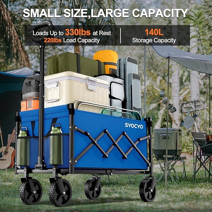 Collapsible Wagon Cart 360lbs Beach Foldable Wagon Lightweight & Portable Folding Utility Grocery Shopping Carts with Wheels for Shopping Sports Garden Camping Blue