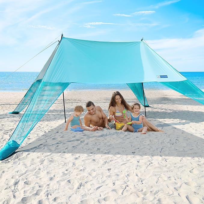 INSTANTENT® 15x9FT Beach Tent for Family, with UPF50+ Protection, Includes Sand Bags, Ground Pegs, Stability Poles, Easy Setup Beach Shade Canopy for Camping, Fishing, Backyard (Turquoise)