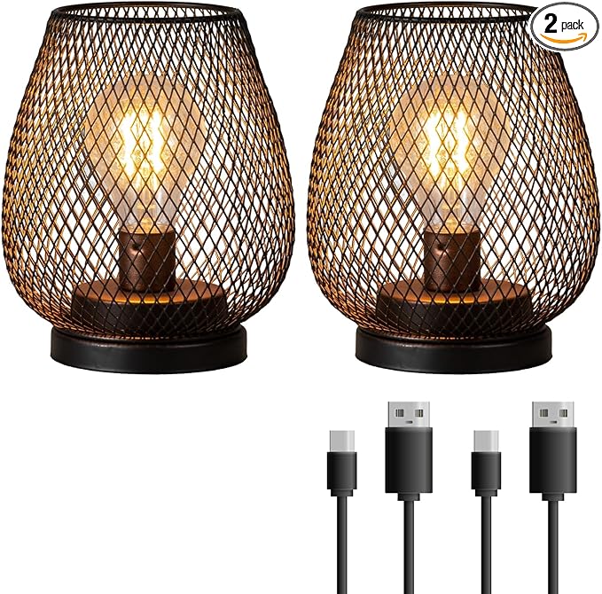 DECORKEY Set of 2 Rechargeable LED Table Lantern, Brown Metal Cage Cordless Lamps with LED Bulb，Vintage Decorative Outdoor Lantern for Weddings, Parties, Patio, Events for Indoors Shelf Decor