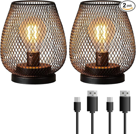DECORKEY Set of 2 Rechargeable LED Table Lantern, Brown Metal Cage Cordless Lamps with LED Bulb，Vintage Decorative Outdoor Lantern for Weddings, Parties, Patio, Events for Indoors Shelf Decor