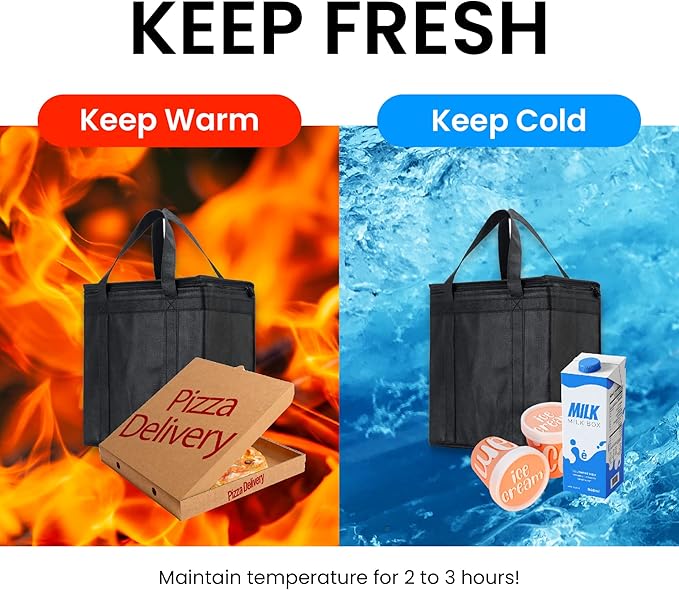 NZ home Medium Insulated Cooler Bag and Food Warmer for Delivery & Grocery Shopping with Zippered Top, Black (1 Pack)