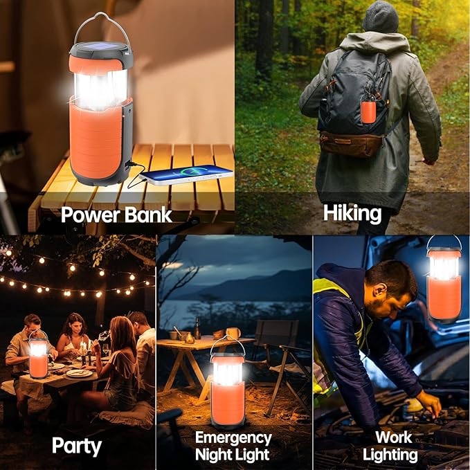 Battery Operated Camping Light Rechargeable, Manual Crank Generator/Solar Panel/USB-C Charging, 5000mAh Power Bank Foldable LED Tent Light, Power Outage, Outdoor Emergency Survival Essentials (Orange)
