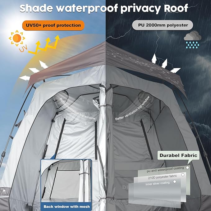 Camping Shower Tent Deluxe Changing Room Easy Set Up Privacy Shelter,Large Toilet Tent 2 Rooms with Floor Drain Design for Beach, Camping,Hiking with Stakes and Ropes for Stability