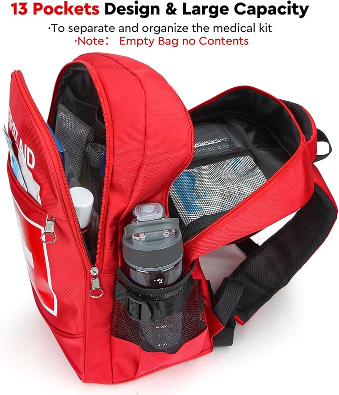 First Aid Backpack with Multi-Pocket, Emergency Medical Backpack, Large Capacity & Water-proof, Empty First Aid Bag for Home Office EMT Paramedics, Red