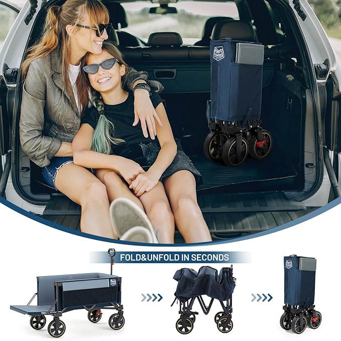 TIMBER RIDGE 49" Extra Long Collapsible Folding Wagon with Tailgate and Brakes, 300lbs Heavy Duty Foldable Wagon with Adjustable Handle, 250L Capacity Portable Cart for Outdoor Camping Sports, Blue