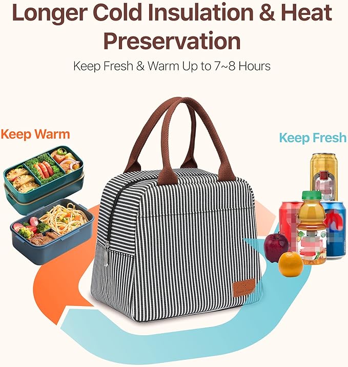 Bagseri Insulated Lunch Bag Women - Lunch Bag for Women Men Reusable Lunch Box Leakproof Thermal Cooler Sack Food Handbags Case High Capacity for Work and Picnic (Black White Stripe)