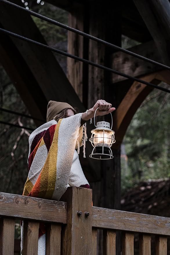 Barebones Railroad Lantern – Vintage White, Vintage-Inspired LED Camping Lantern with Rechargeable Battery – Adjustable Brightness Outdoor Light for Camping Gear, Backyard, and Home Decor