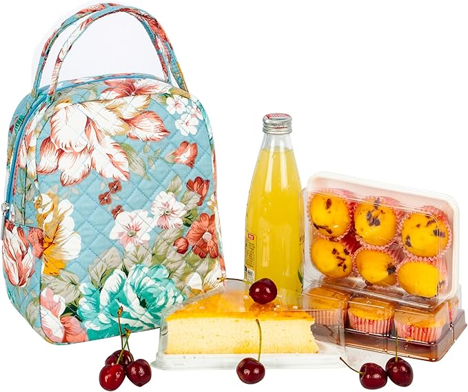 Machine Washable Women Quilted Fabric Insulated Reusable Cooler Lunch Bag Tote Adult Thermal Lunch Box Storage Bag for Ｗork (Floral)