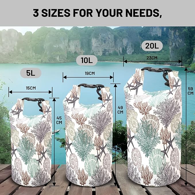 Waterproof Dry Bag,Roll Top Coastal Summer Beach Coral Starfish Small Waterproof Backpack 5L/10L/20L Floating and Lightweight Bags for Kayaking, Boating, Fishing, Swimming and Camping