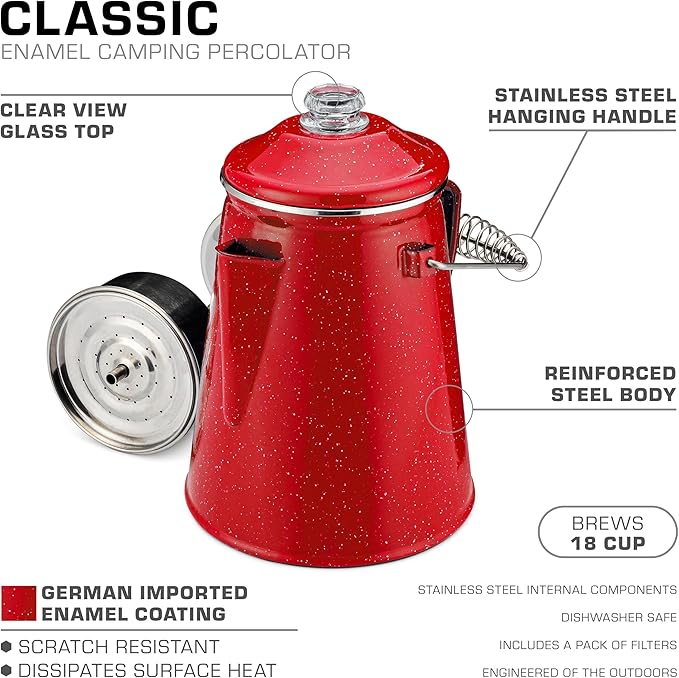 COLETTI Classic Percolator Coffee Pot — Camping Coffee Percolator, Campfire Coffee Pot – Camping for Groups — Brew for the Whole Campsite (Red, 18 Cup)