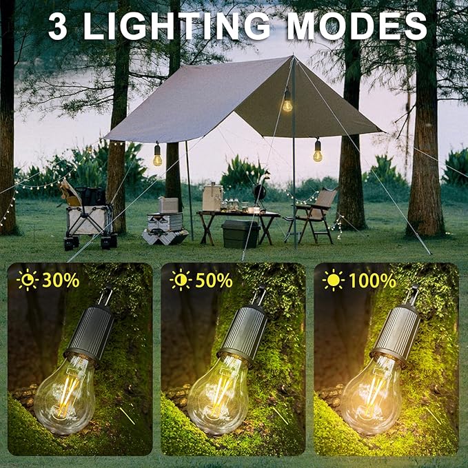 Camping Lights Rechargeable, Hanging Tent Lights Bulb with Hook, Timer Function, 3 Lighting Modes Tent Lamp for Camping, Hiking, Backpacking, Emergency Outage