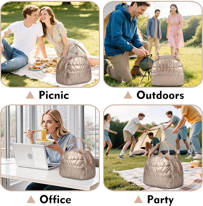 Lunch Bag Lunch Box for Women Men Adult Insulated Cute Small Quilted Puffer Lunchbox Reusable Thermal Lunch Cooler Tote Bag for Work, Picnic or Travel-Gold