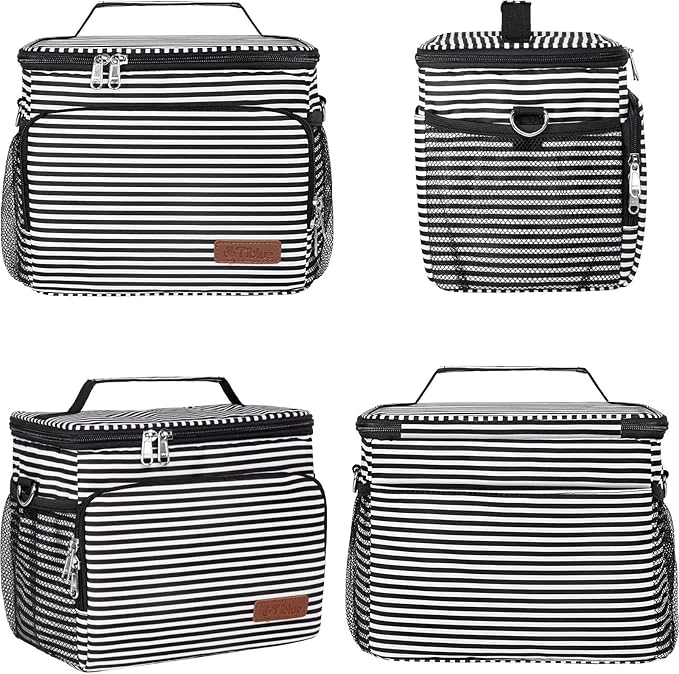 Tiblue Insulated Lunch Bag for Women/Men - Reusable Lunch Box for Office Work School Picnic,Leakproof Freezable Cooler Bag with Adjustable Shoulder Strap for Kid/Adult(Medium, Black & White Stripes)