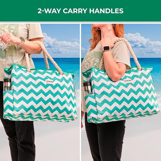 SHYLERO Beach Bag and Pool Bag. Has Airtight Pouch, Ton of Pockets. Beach Tote is Zippered, Water Resistant. Family Size