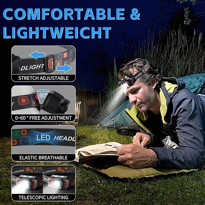 Headlamp Flashlight, 500 Lumen Ultra-Light Bright LED Rechargeable Headlight with White Red Bule Light,2-Pack Waterproof Motion Sensor Head Lamp,10 Modes for Outdoor Camping Running Hiking Fishing
