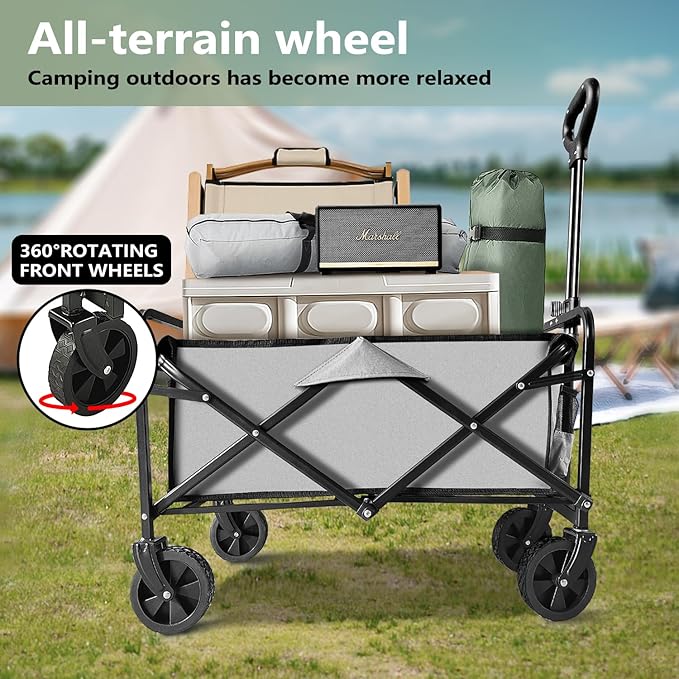 Collapsible Wagon Cart Heavy Duty Foldable, Large Capacity Foldable Grocery Beach Wagon for Camping Sports Shopping, Gray