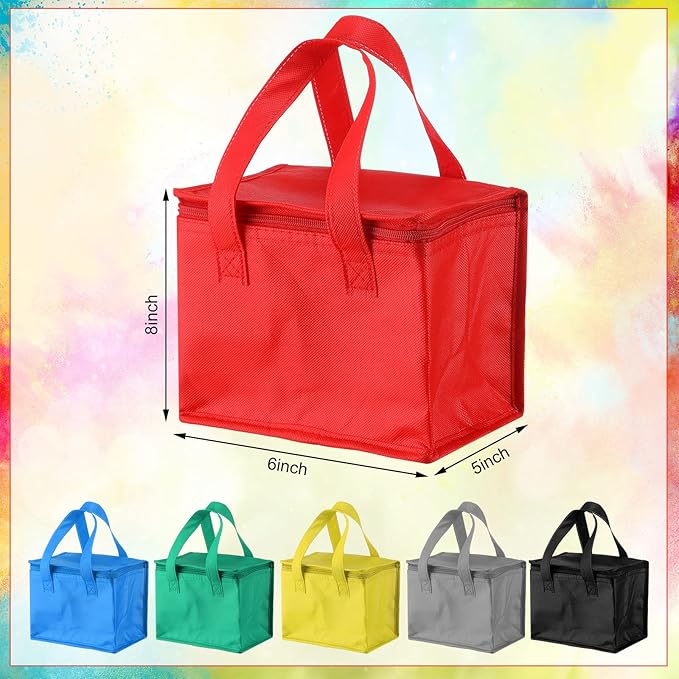 Lallisa 24 Pack Insulated Lunch Bags Bulk Reusable Leakproof Waterproof Thermal Cooler Bags Insulated Beverage Box for Office Picnic Snack Women Men(Black, Red, Blue, Gray, Green, Yellow)