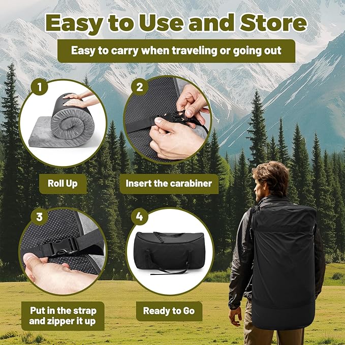 Memory Foam Camping Mattress Pad, Portable Roll Up Pads for Adults, Sleeping pad for Camping Bed, Car Bed Mat with Travel Bag- Grey