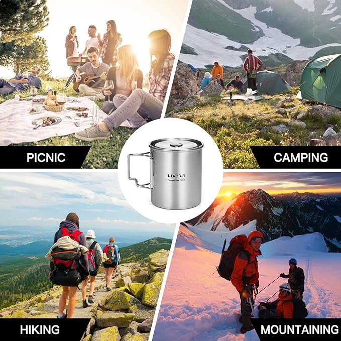 LIXADA Camping Cup Pot,750ml Stainless Steel Water Cup Mug with Foldable Handles and Lid for Outdoor Camping Hiking Backpacking