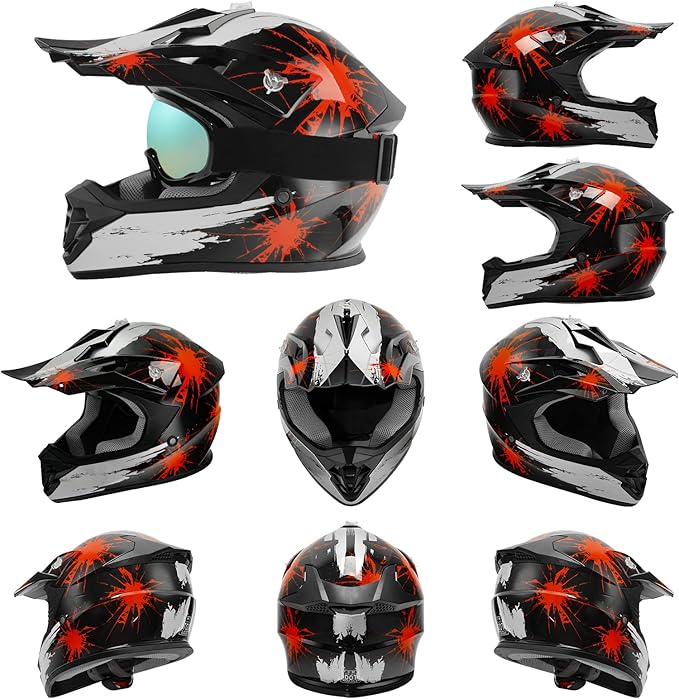 TCT-MOTORPARTS DOT Youth Kids Motocross ATV Helmets Offroad Street Dirt Bike Go-Kart BMX MX Full Face Helmet Black w/Red Fireworks Large Size