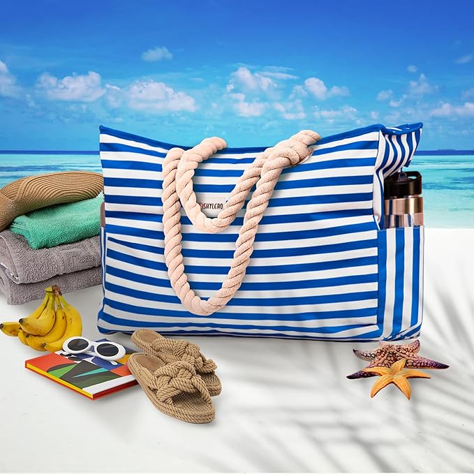 SHYLERO Beach Bag and Pool Bag. Has Airtight Pouch, Ton of Pockets. Beach Tote is Zippered, Water Resistant. Family Size