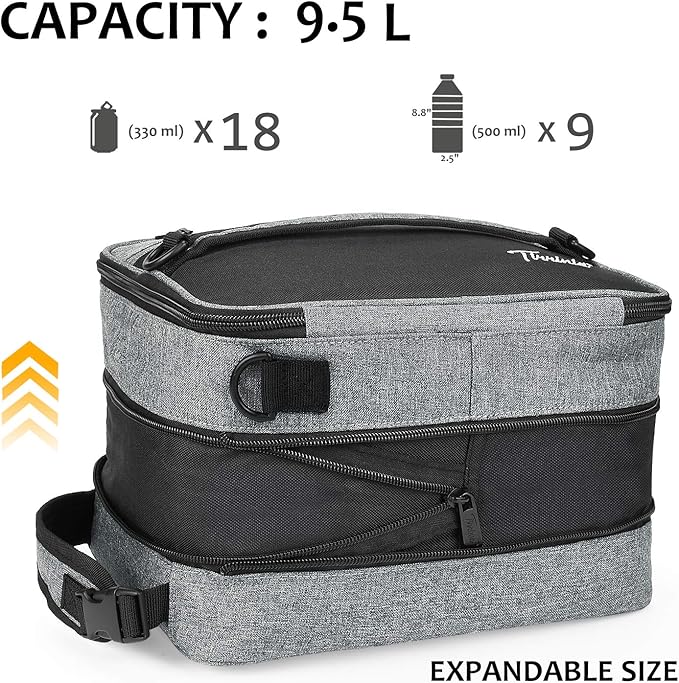 Expandable Insulated Lunch Bag, Leakproof Flat Lunch Cooler Tote with Shoulder Strap for Men and Women, Suitable for Work & Office by Tirrinia, Dark Grey