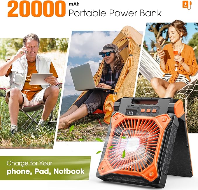 Solar Camping Fan with LED Lantern, 20000mAh Rechargeable Battery Powered with 10W Solar Panel and Emergency Power Bank, Quiet Battery Operated Tent Fan for Picnic, Barbecue, Fishing, Travel