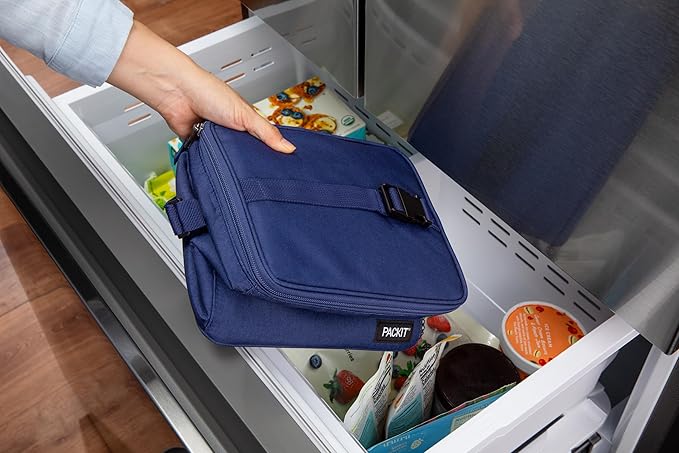 PackIt Freezable Essential Cooler, True Blue, Built with ECOFREEZE Technology, Fully Freezable, Collapsible, Reusable, With Adjustable Crossbody Strap, Top Clip Handle, Designed for Fresh Office