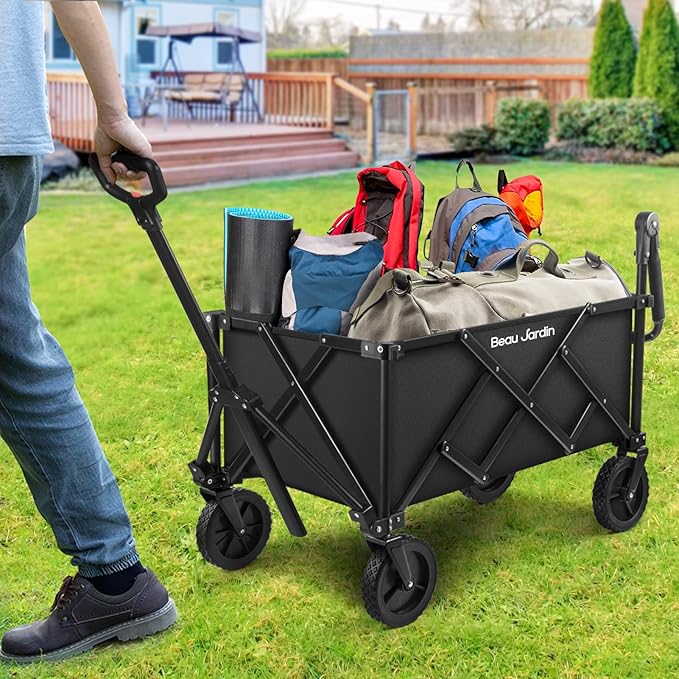 BEAU JARDIN Collapsible Folding Push Pull Wagon Cart 330lbs Heavy Duty 150L Foldable Garden Cart with All Terrain Wheels Portable Utility Wagon Cart for Camping Fishing Sports Shopping Black