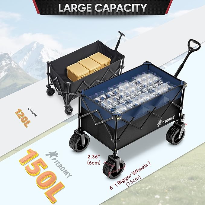 PTEROMY 150L Collapsible Wagon Cart Foldable, 360lbs Load Bearing Beach Cart Foldable Wagon for Shopping, Camping, Garden, Grocery, Outdoor (Black+Blue)