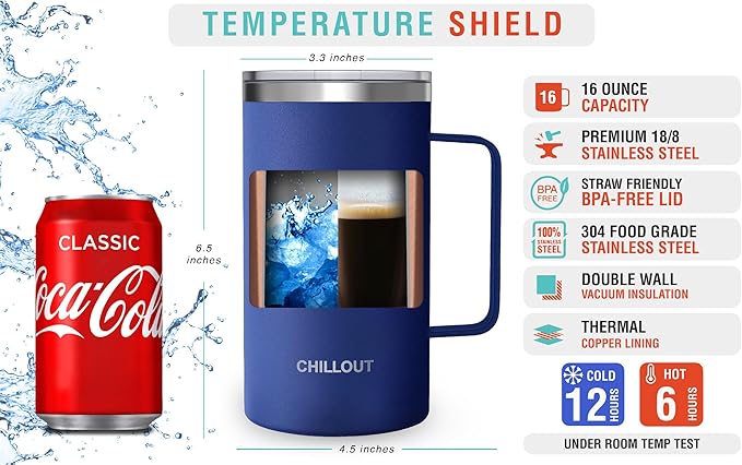 CHILLOUT LIFE Stainless Steel Vacuum Insulated Coffee Mug 16 oz (Set of 2) with Handle and Lid, Large Thermal Camping Coffee Mugs with Sliding Lid for Men & Women, Keeps Your Beverages Hot & Cold