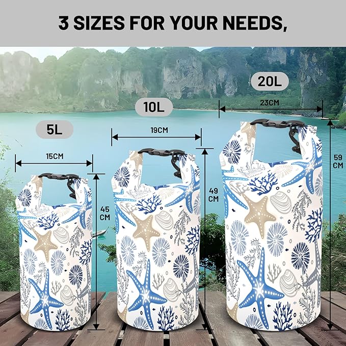 Waterproof Dry Bag,Roll Top Coral Starfish Coastal Waterproof Backpack 5L/10L/20L Floating and Lightweight Bags for Kayaking, Boating, Fishing, Swimming and Camping with Waterproof Phone Case