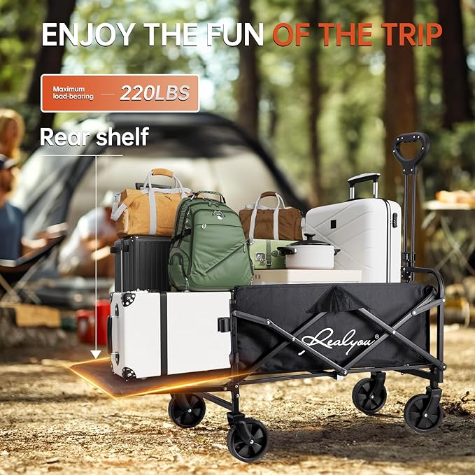 Collapsible Wagon Cart Foldable with All-Terrain Wheels, Foldable Wagon with Flexible Handle, Portable Folding Utility Grocery Shopping Cart for Grocery Sports Garden Camping