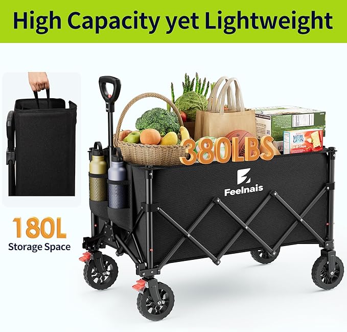 180L Collapsible Wagon with Wheels, Feelnais Folding Wagon Cart with Adjustable Handle, Foldable Utility Wagon for Grocery Shopping Camping Outdoor Sports Beach Garden